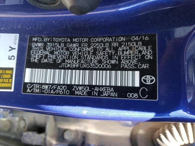 Photo 10 from auction – 2016 TOYOTA PRIUS with VIN JTDKBRFUXG3520006