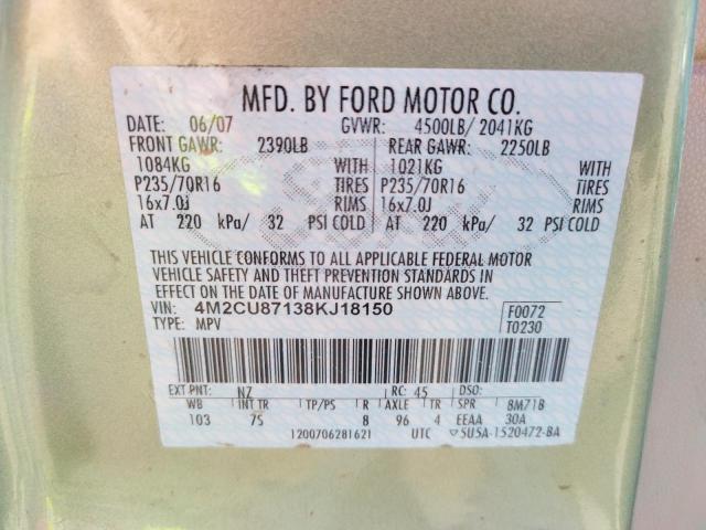 Photo 10 from auction – 2008 MERCURY MARINER PR with VIN 4M2CU87138KJ18150