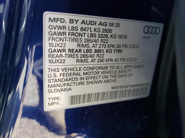 Photo 10 from auction – 2021 AUDI Q8 PREMIUM with VIN WA1EVAF16MD004219