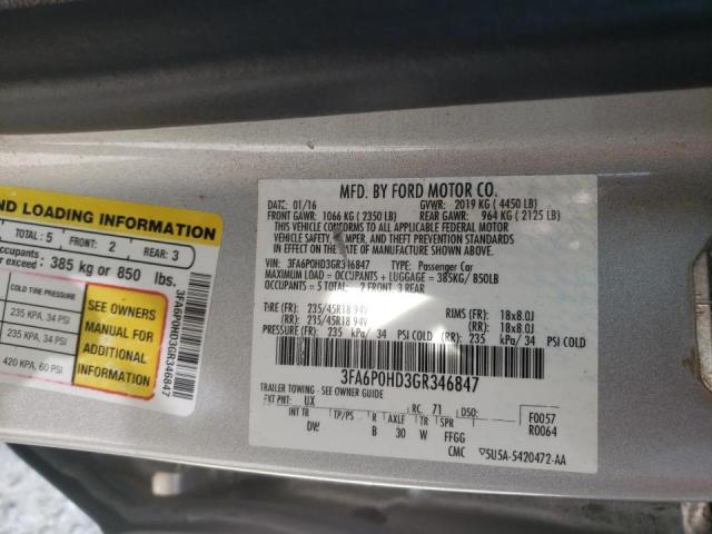 Photo 10 from auction – 2016 FORD FUSION SE with VIN 3FA6P0HD3GR346847