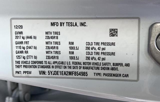 Photo 10 from auction – 2021 TESLA MODEL 3 with VIN 5YJ3E1EA2MF854985