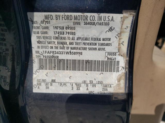 Photo 10 from auction – 2001 FORD FOCUS SE with VIN 1FAFP34331W358998