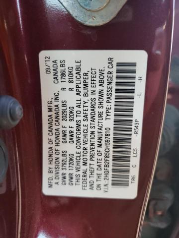Photo 10 from auction – 2012 HONDA CIVIC EX with VIN 2HGFB2F85CH597810