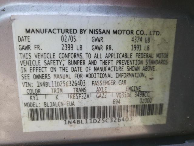 Photo 10 from auction – 2005 NISSAN ALTIMA SE with VIN 1N4BL11D25C326403