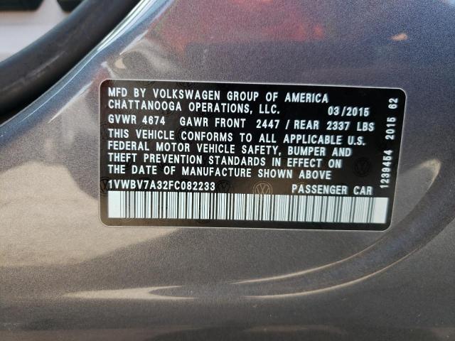 Photo 10 from auction – 2015 VOLKSWAGEN PASSAT SE with VIN 1VWBV7A32FC082233