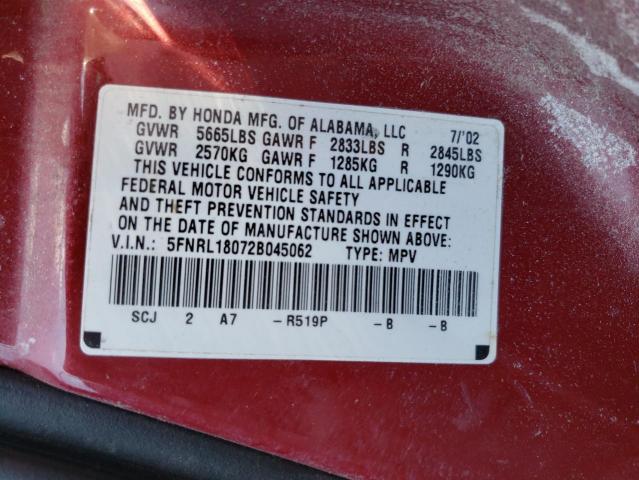 Photo 10 from auction – 2002 HONDA ODYSSEY EX with VIN 5FNRL18072B045062