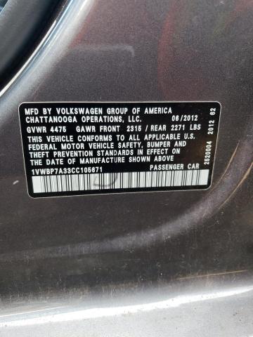 Photo 10 from auction – 2012 VOLKSWAGEN PASSAT SE with VIN 1VWBP7A33CC105671