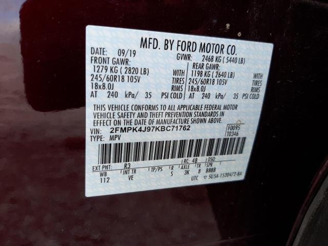 Photo 10 from auction – 2019 FORD EDGE SEL with VIN 2FMPK4J97KBC71762