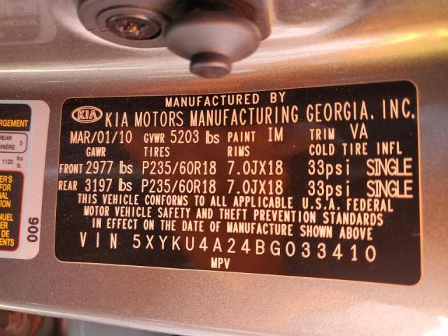 Photo 10 from auction – 2011 KIA SORENTO EX with VIN 5XYKU4A24BG033410