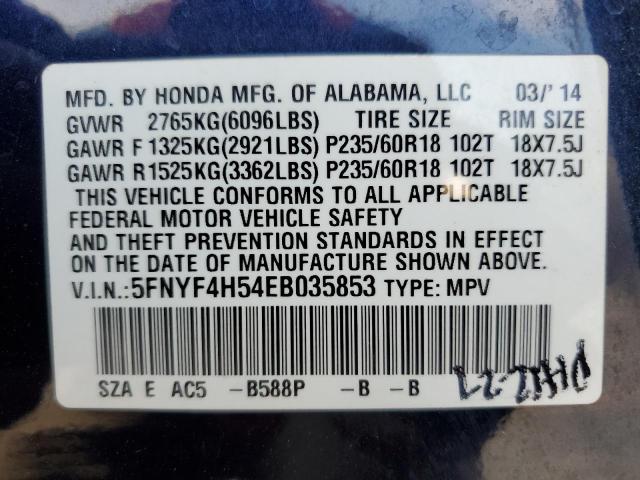 Photo 10 from auction – 2014 HONDA PILOT EXL with VIN 5FNYF4H54EB035853