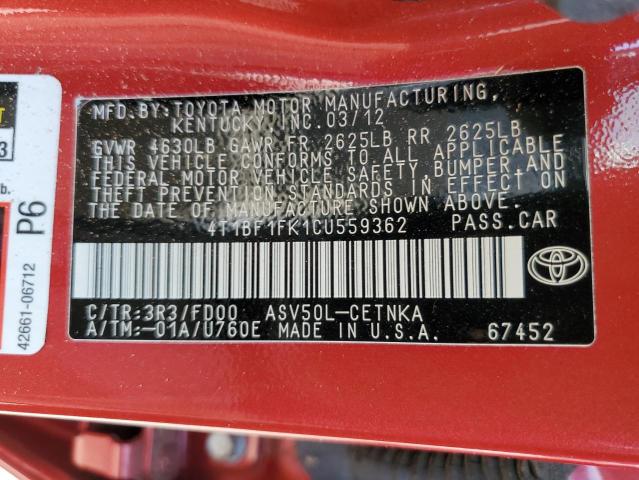 Photo 10 from auction – 2012 TOYOTA CAMRY BASE with VIN 4T1BF1FK1CU559362