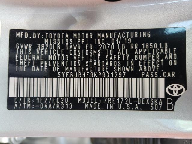 Photo 10 from auction – 2019 TOYOTA COROLLA L with VIN 5YFBURHE9KP931297
