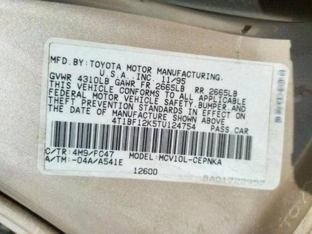 Photo 10 from auction – 1996 TOYOTA CAMRY LE with VIN 4T1BF12K5TU124754