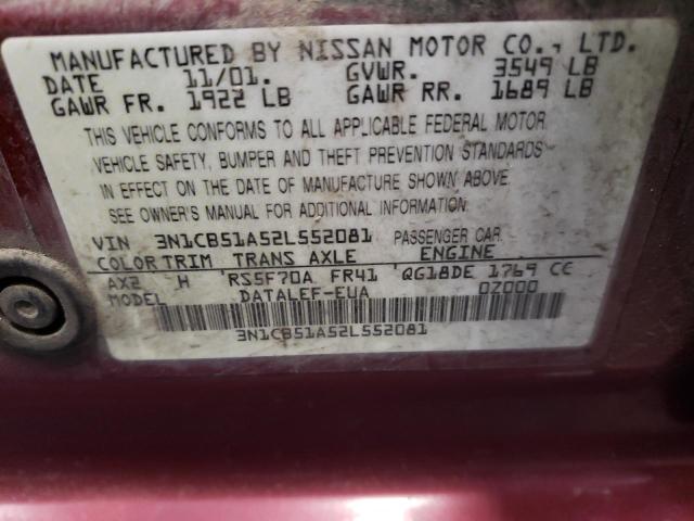 Photo 10 from auction – 2002 NISSAN SENTRA GXE with VIN 3N1CB51A52L552081