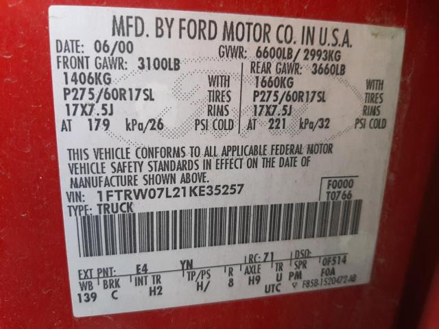 Photo 10 from auction – 2001 FORD F150 SUPER with VIN 1FTRW07L21KE35257