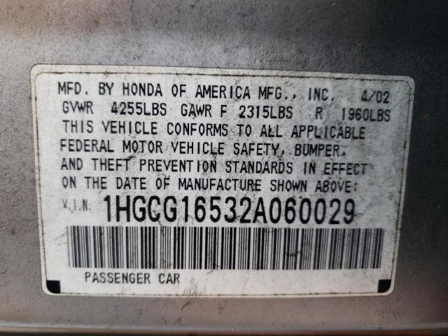 Photo 10 from auction – 2002 HONDA ACCORD with VIN 1HGCG16532A060029