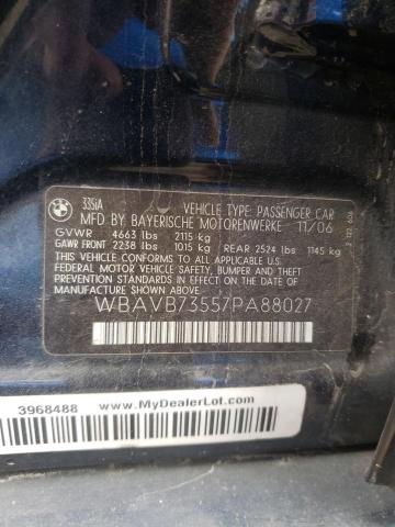 Photo 10 from auction – 2007 BMW 335 I with VIN WBAVB73557PA88027