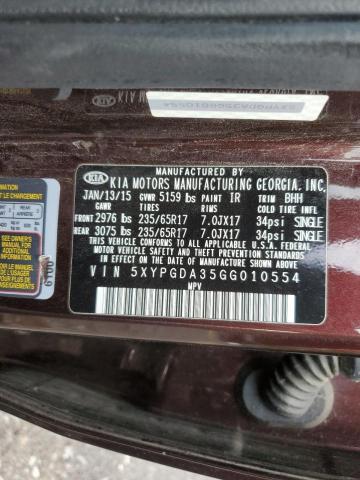 Photo 10 from auction – 2016 KIA SORENTO LX with VIN 5XYPGDA35GG010554