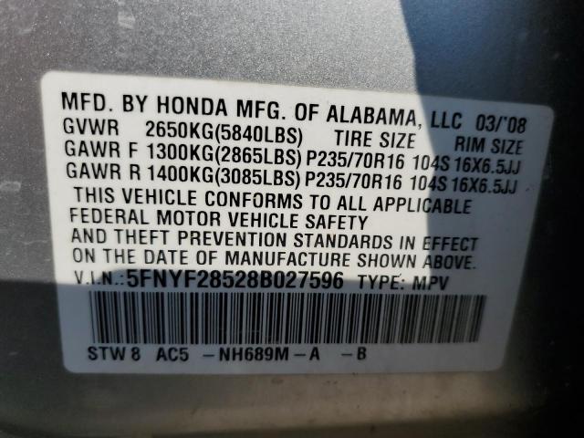 Photo 10 from auction – 2008 HONDA PILOT EXL with VIN 5FNYF28528B027596