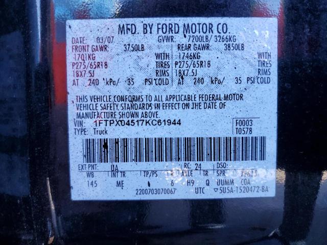 Photo 10 from auction – 2007 FORD F150 with VIN 1FTPX04517KC61944