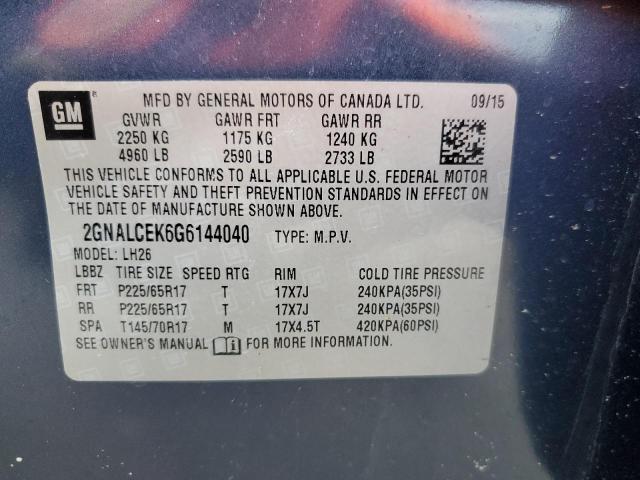 Photo 10 from auction – 2016 CHEVROLET EQUINOX LT with VIN 2GNALCEK6G6144040