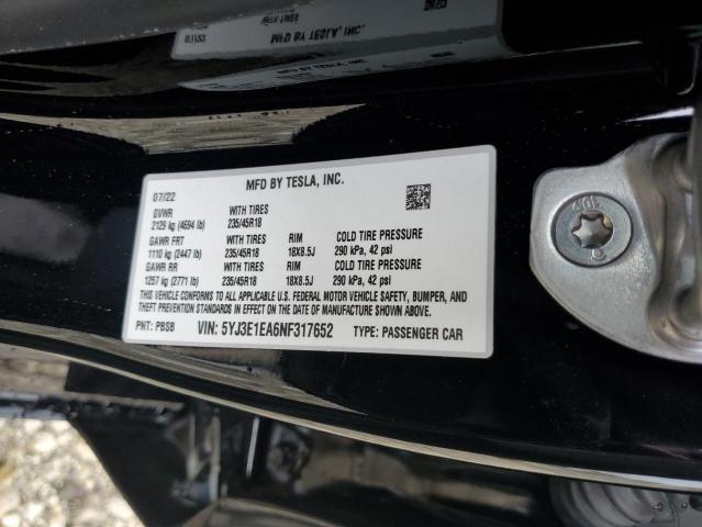 Photo 10 from auction – 2022 TESLA MODEL 3 with VIN 5YJ3E1EA6NF317652
