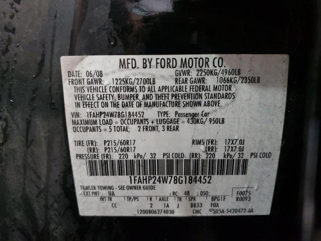 Photo 10 from auction – 2008 FORD TAURUS SEL with VIN 1FAHP24W78G184452