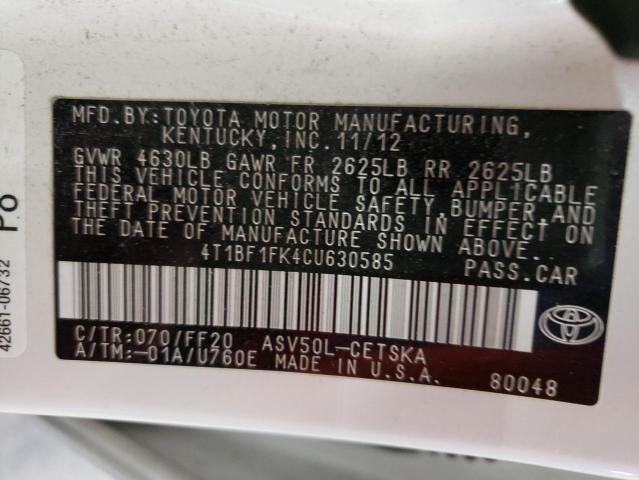 Photo 10 from auction – 2012 TOYOTA CAMRY BASE with VIN 4T1BF1FK4CU630585