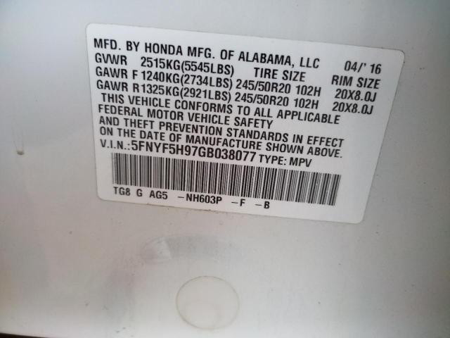 Photo 10 from auction – 2016 HONDA PILOT TOUR with VIN 5FNYF5H97GB038077