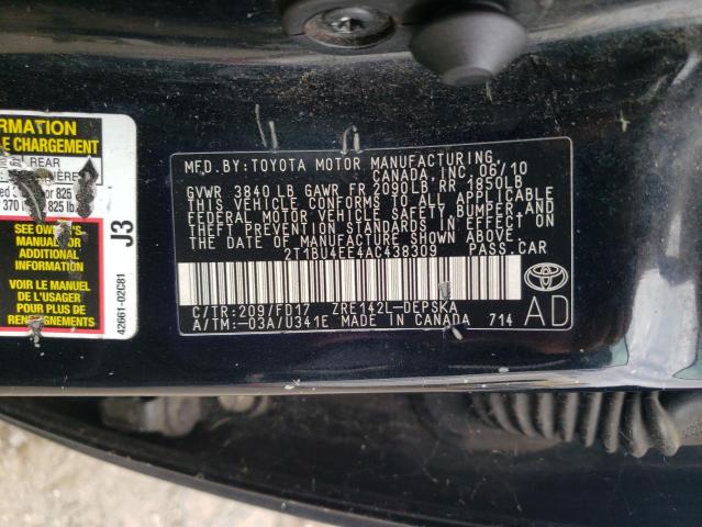 Photo 10 from auction – 2010 TOYOTA COROLLA BA with VIN 2T1BU4EE4AC438309