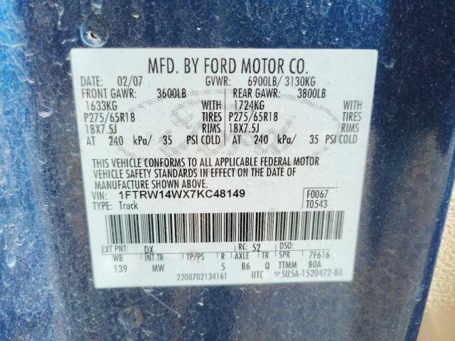 Photo 10 from auction – 2007 FORD F150 SUPER with VIN 1FTRW14WX7KC48149