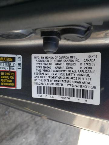 Photo 10 from auction – 2012 HONDA CIVIC LX with VIN 2HGFG3B53CH541755