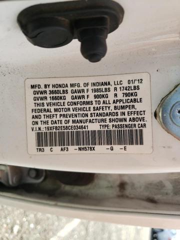 Photo 10 from auction – 2012 HONDA CIVIC LX with VIN 19XFB2E58CE034641