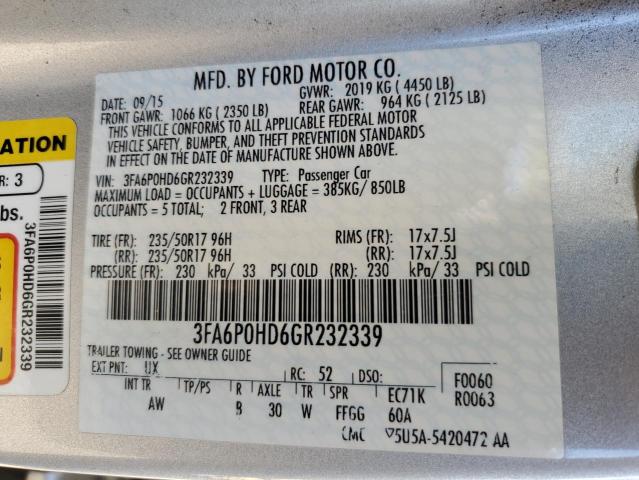 Photo 10 from auction – 2016 FORD FUSION SE with VIN 3FA6P0HD6GR232339