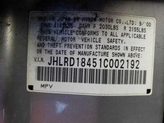Photo 10 from auction – 2001 HONDA CR-V LX with VIN JHLRD18451C002192