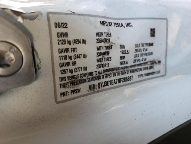 Photo 10 from auction – 2022 TESLA MODEL 3 with VIN 5YJ3E1EA7NF288887