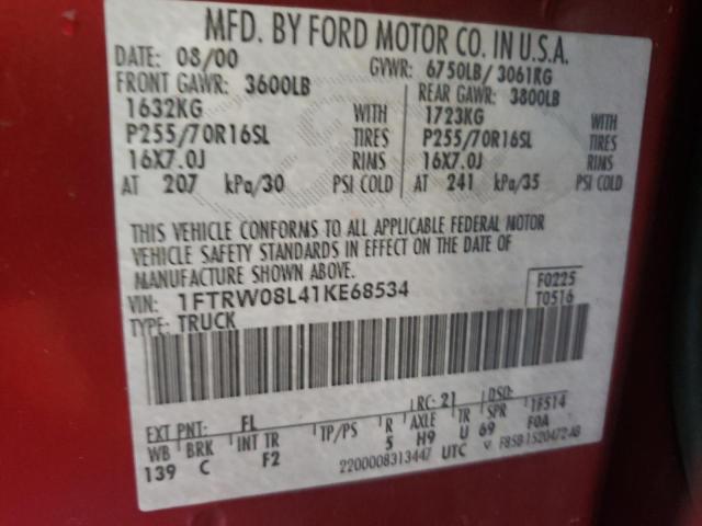 Photo 10 from auction – 2001 FORD F150 SUPER with VIN 1FTRW08L41KE68534
