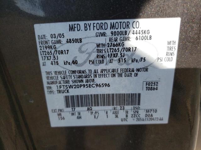 Photo 10 from auction – 2005 FORD F250 SUPER with VIN 1FTSW20P95EC96596