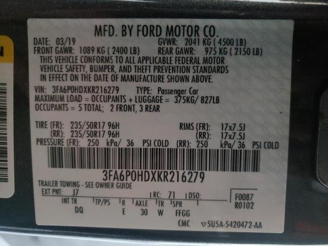 Photo 10 from auction – 2019 FORD FUSION SE with VIN 3FA6P0HDXKR216279