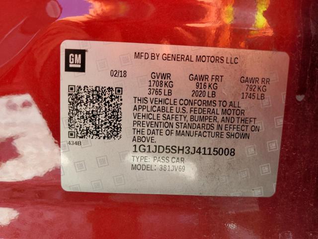 Photo 10 from auction – 2018 CHEVROLET SONIC LT with VIN 1G1JD5SH3J4115008