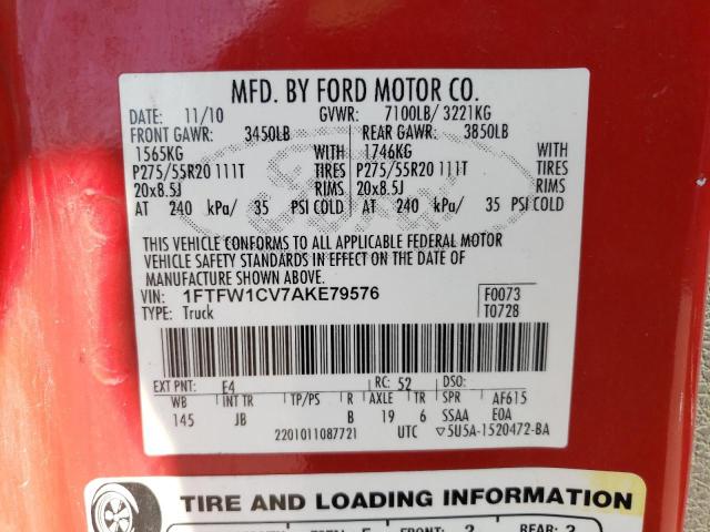 Photo 10 from auction – 2010 FORD F150 SUPER with VIN 1FTFW1CV7AKE79576