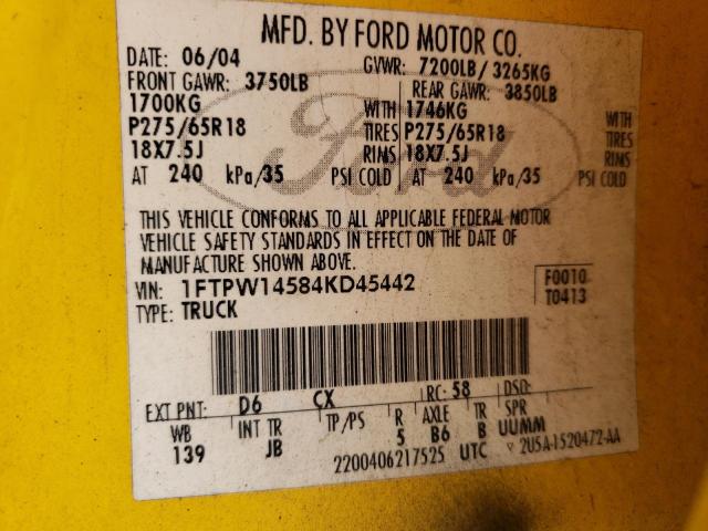 Photo 10 from auction – 2004 FORD F150 SUPER with VIN 1FTPW14584KD45442