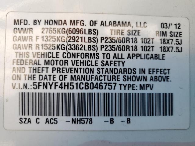 Zdjęcie 10 z aukcji – 2012 HONDA PILOT EXL z VIN 5FNYF4H51CB046757