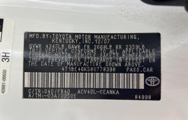 Photo 10 from auction – 2008 TOYOTA CAMRY CE with VIN 4T1BE46K58U778398