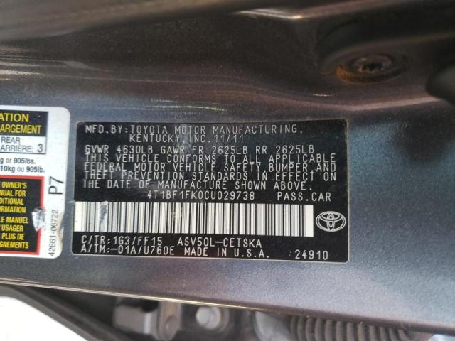 Photo 10 from auction – 2012 TOYOTA CAMRY BASE with VIN 4T1BF1FK0CU029738