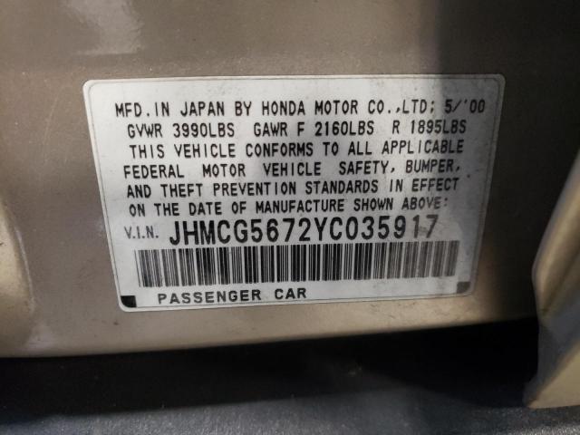 Photo 10 from auction – 2000 HONDA ACCORD with VIN JHMCG5672YC035917