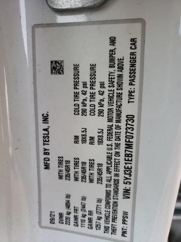 Photo 10 from auction – 2021 TESLA MODEL 3 with VIN 5YJ3E1EB7MF073730