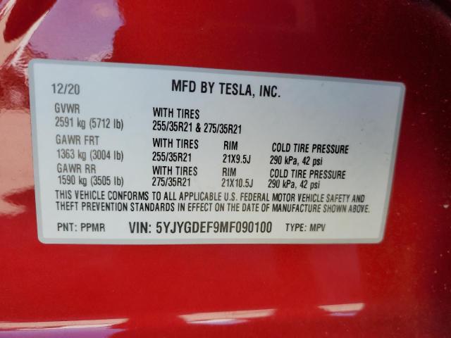 Photo 10 from auction – 2021 TESLA MODEL Y with VIN 5YJYGDEF9MF090100