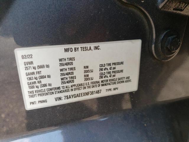 Photo 10 from auction – 2022 TESLA MODEL Y with VIN 7SAYGAEEXNF381487