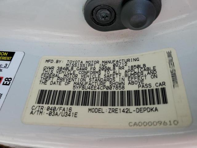 Photo 10 from auction – 2012 TOYOTA COROLLA BA with VIN 5YFBU4EE4CP007858